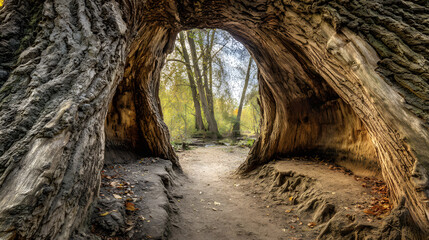 Obraz premium hollow. Ancient tree trunk with a natural hollow tunnel connecting interior and exterior. gardening catalogs, home-decor guides, designed for gardening and botanical catalogs, used by researchers.