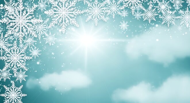 Sparkling snowflakes bordering a bright sunlit winter sky with soft bokeh lights