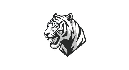 Bold black and white illustration of a tiger head with open mouth and sharp teeth