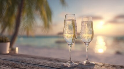 two champagne glasses on a tropical beach at sunset