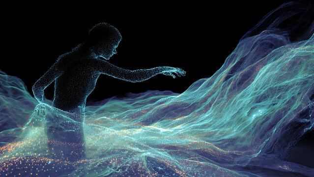 A 3D holographic projection of a human silhouette interacting with a vibrant, flowing data stream interface