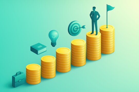 Progression of financial success represented by stacks of coins, symbolizing business achievement, strategic planning, and innovative thinking culminating in goal oriented success
