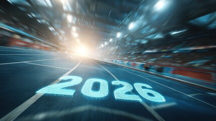 futuristic indoor track start with holographic 2026 ahead bright highkey blur and lowangle detail emphasizing determination momentum and newyear ambitions
