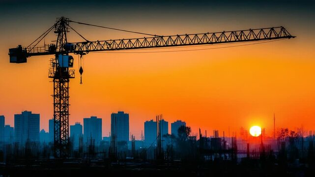 Silhouette of a construction crane at sunrise over a city under development