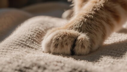 Close up of a fluffy orange cat paw resting on a textured surface.