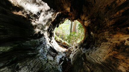 hollow. Ancient tree trunk with a natural hollow tunnel connecting interior and exterior. gardening catalogs, home-decor guides, designed for gardening and botanical catalogs, used by researchers.