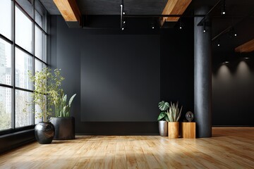 Modern Interior Space with Black Walls and Ornamental Plants Illuminated by Natural Light
