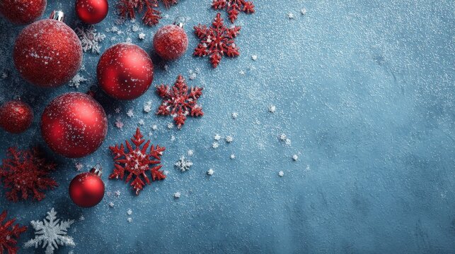 christmas background with red baubles and snowflakes on blue backdrop festive holiday decoration concept