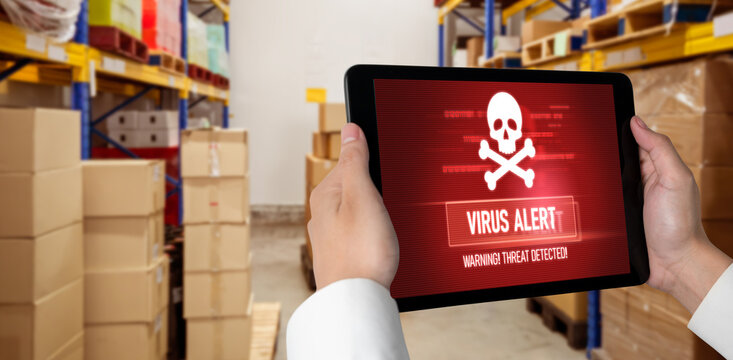 Virus warning alert on computer screen detected modish cyber threat , hacker, computer virus and malware