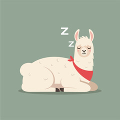 Obraz premium Cute sleeping llama with red bandana on a green background.