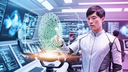 A man in a futuristic setting examines a holographic fingerprint