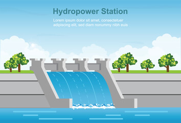 Large hydroelectric dam with water flowing over the spillway.