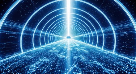 Abstract digital tunnel of blue light and data particles creating a futuristic hyperspace travel or virtual reality experience with concentric glowing rings receding into the distance