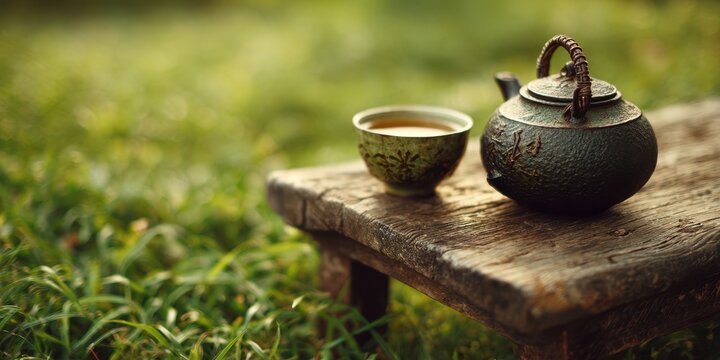 Vibrant photo of rustic iron teapot and cup on wet wooden surface outdoors