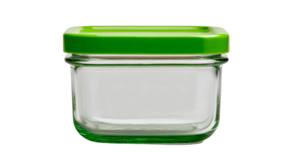Empty square glass jar with bright green plastic lid, isolated isolated on transparent background