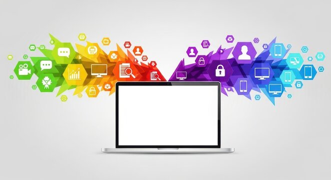 Laptop computer with colorful abstract splash of digital technology and social media icon cloud emanating from the screen, representing data flow and connectivity, isolated on white background