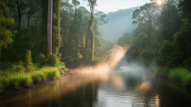 Serene Panoramic Rainforest Landscape with Diverse Flora and Towering Trees on wonder, sustainable, leafy