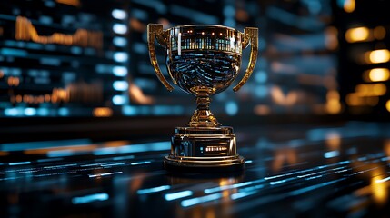 Golden trophy on futuristic data background.