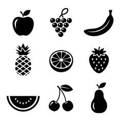 Black and white fruit icons set, perfect for healthy eating and design