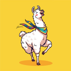 Obraz premium Happy Llama with Colorful Scarf Dancing on Yellow Background.