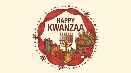 Hand drawn illustration celebrating kwanzaa holiday featuring kinara, gifts, and harvest basket framed by a red ribbon wreath