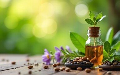 Natural remedy, healing herbs background. High quality