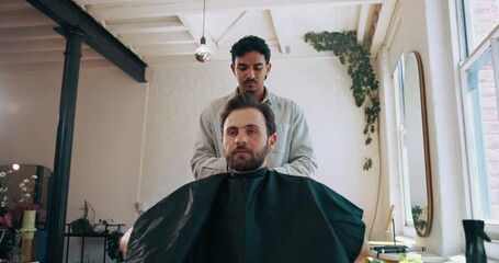 Man, hairstylist and cosmetics in hair salon with grooming for haircut, client and startup. Barber, tools and appointment in barbershop for clean trim with small business owner in creative industry