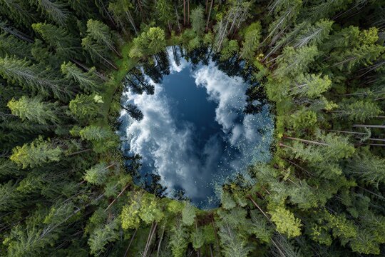 Vibrant photo of aerial view of a circular forest pond reflecting blue sky and cloud