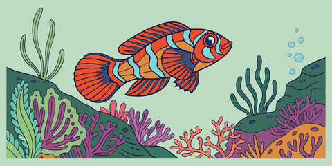 “Vibrant Mandarin Fish Illustration &Colorful Tropical Reef Fish Swimming Through Coral Reef, High-Detail Ocean Wildlife Art”