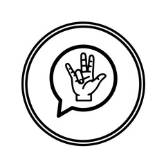 Obraz premium Monochrome icon of a speech or chat bubble containing a visual of a hand performing a sign language gesture instead of text. This powerful symbol illustrates that signing is an equivalent