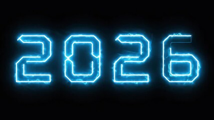 Futuristic neon glow year 2026 title animation. Digital tech intro bumper transition. style electric blue light reveal on black background - Powered by Adobe