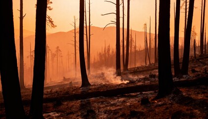 post wildfire landscape with smoking stumps and dead tree silhouettes in evening light