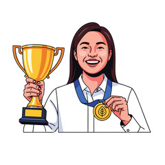 Fototapeta premium Happy young woman holding a golden trophy and medal celebrating success.