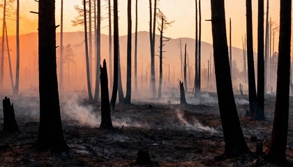 burnt forest after wildfire at sunset with smoke rising from charred tree trunks