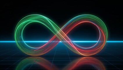 Luminous Infinity Symbol - Green to Red Gradient on Reflective Surface, Dark Background.
