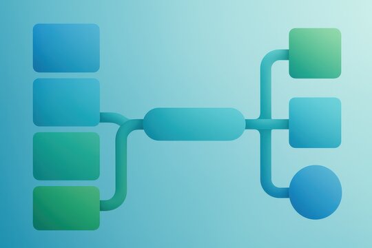 Abstract geometric composition with interconnected shapes in harmonious blue and green tones representing digital connections and innovative design concepts in modern visuals