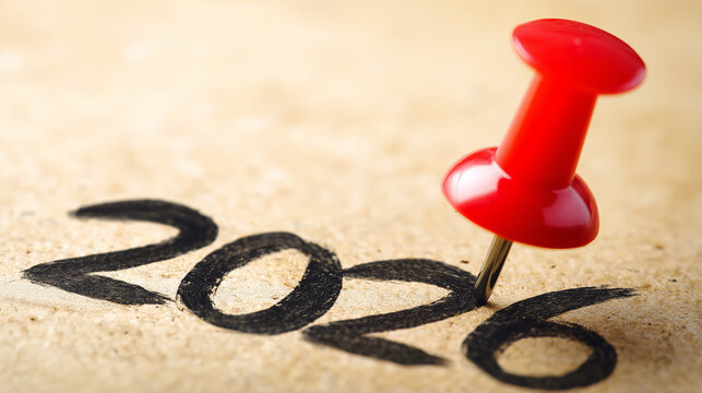 Macro shot of a glossy red push pin stuck into the text "2026" on craft paper. Symbol of planning, marking important dates, and business scheduling. Horizontal composition, close-up.