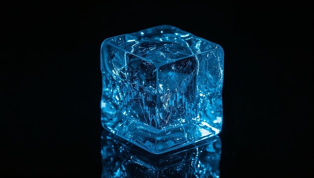 A Luminous Blue Crystalline Cube Glowing with Ethereal Light Against a Stark Black Background.