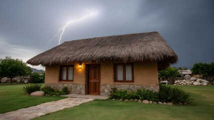 Rustic clay cottage with thatch roof under dramatic stormy sky with lightning strike