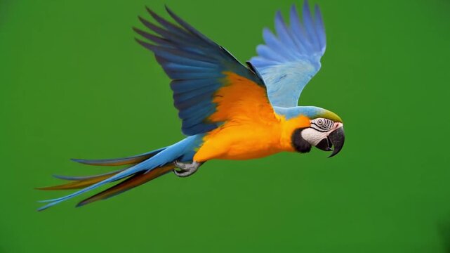 Vibrant Blue and Yellow Macaw Parrot in Dynamic Flight on Green Screen Background