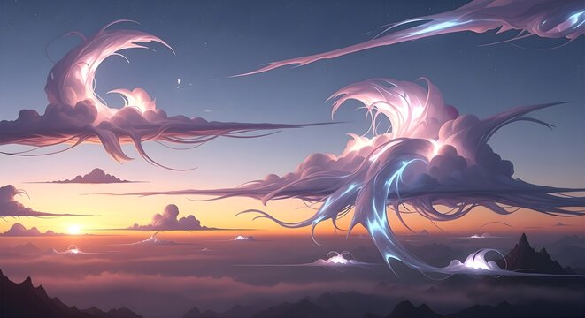 Dramatic ethereal clouds swirl majestically above a serene mountain landscape at sunrise, glowing with soft, vibrant colors and a mystical light - Powered by Adobe