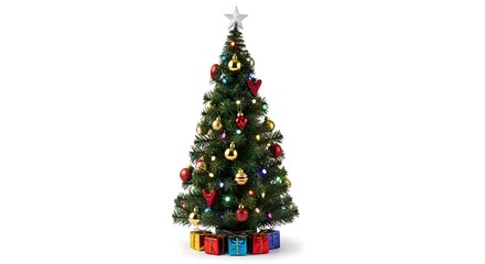 A beautifully decorated evergreen Christmas tree, adorned with colorful lights, festive ornaments, and a shimmering star, stands with wrapped gifts, symbolizing holiday cheer