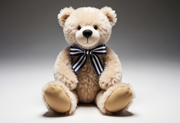 Obraz premium Adorable teddy bear with striped bow tie on white background