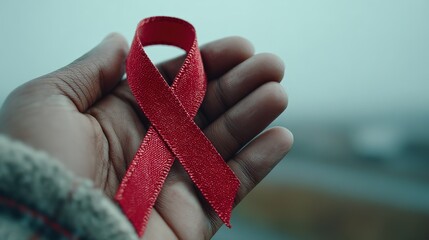 Red Awareness Ribbon Handheld Close-up Health Public Welfare Promotion Material
