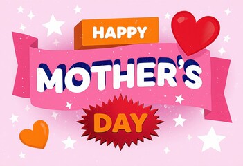 Colorful mother's day greeting with hearts and stars on pink background