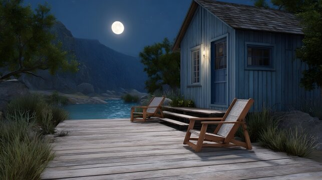 Moonlit night landscape with a cozy lake cabin wooden dock and inviting deck chairs creating a serene atmosphere