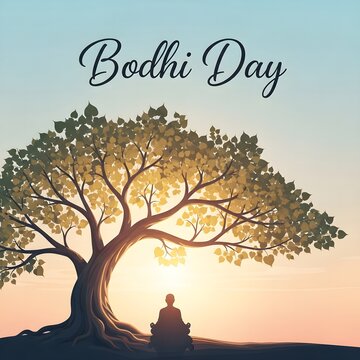Serene bodhi day celebration under a majestic tree at sunrise