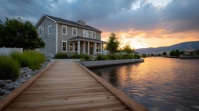 Wooden dock leads to a waterfront home during a vibrant sunset over calm water
