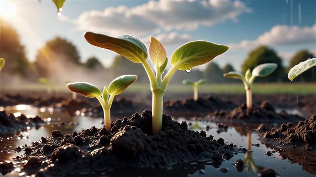 Young plant leaves emerging from wet soil under a sunny sky.