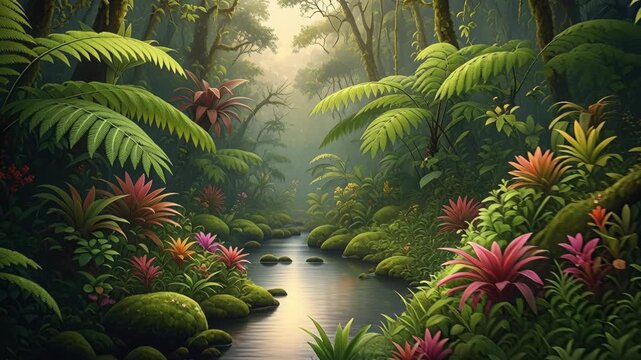 Serene Panoramic Rainforest Landscape with Diverse Flora and Towering Trees on reflecting, mysterious, geography